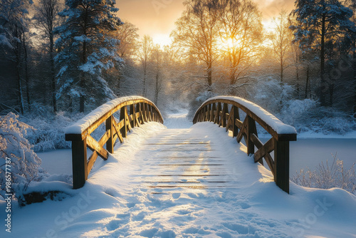 Fototapeta Naklejka Na Ścianę i Meble -  Snowy, wooden bridge in a winter day. Stare Juchy, Poland
