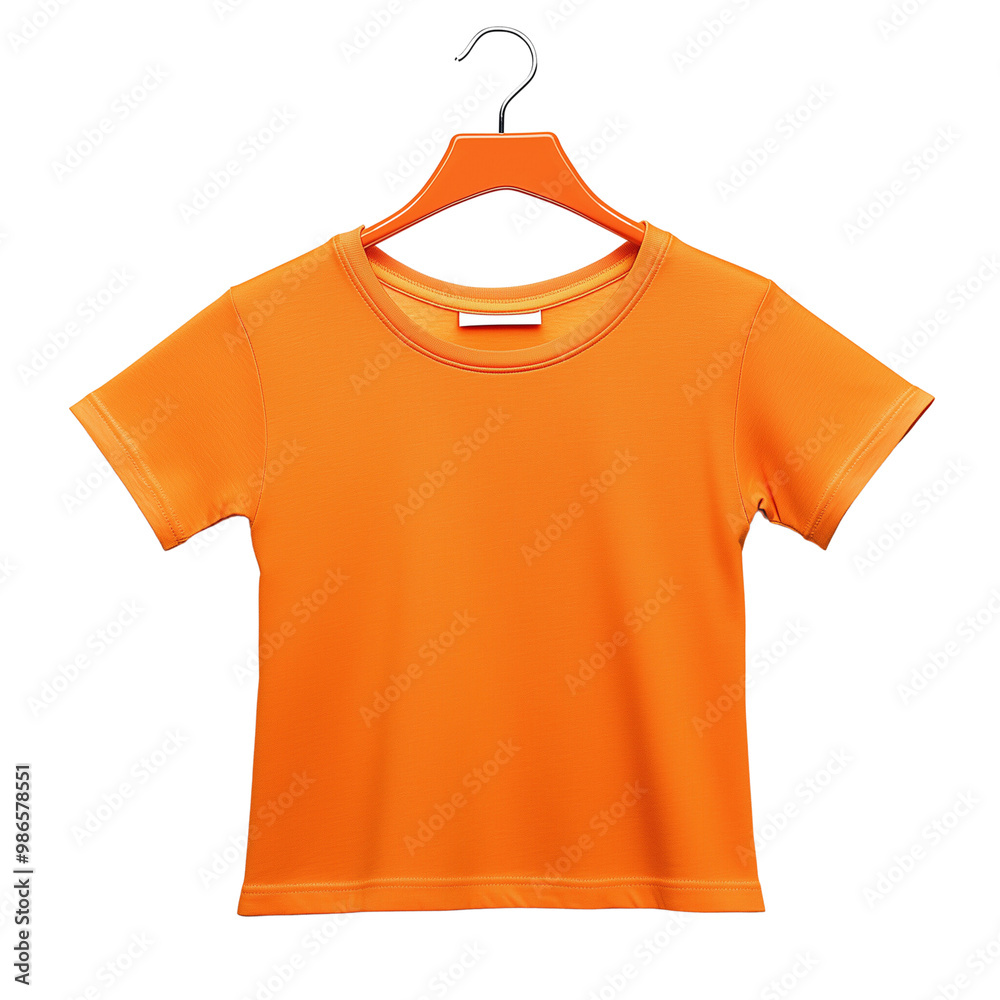 A bright orange plastic clothes hanger holding a casual t-shirt isolated on transparent background A bright orange plastic clothes hanger holding a casual t-shirt isolated on transparent background