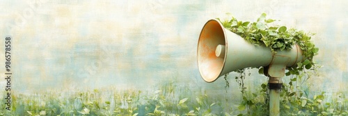 Environmental concept of a megaphone covered in green plants and leaves outdoors