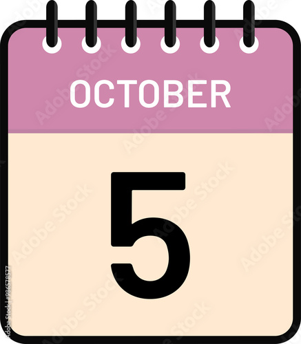 Calendar 5 October date icon with cute pastel colors