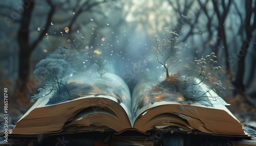 Ethereal fantasy world blooming from an open book, inviting exploration of imagination and untold stories photo