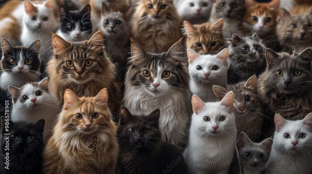 A large group of cats of different breeds gathered together, all attentively looking forward. The cats have varied fur colors and expressive eyes A large group of cats of different breeds gathered together, all attentively looking forward. The cats have varied fur colors and expressive eyes