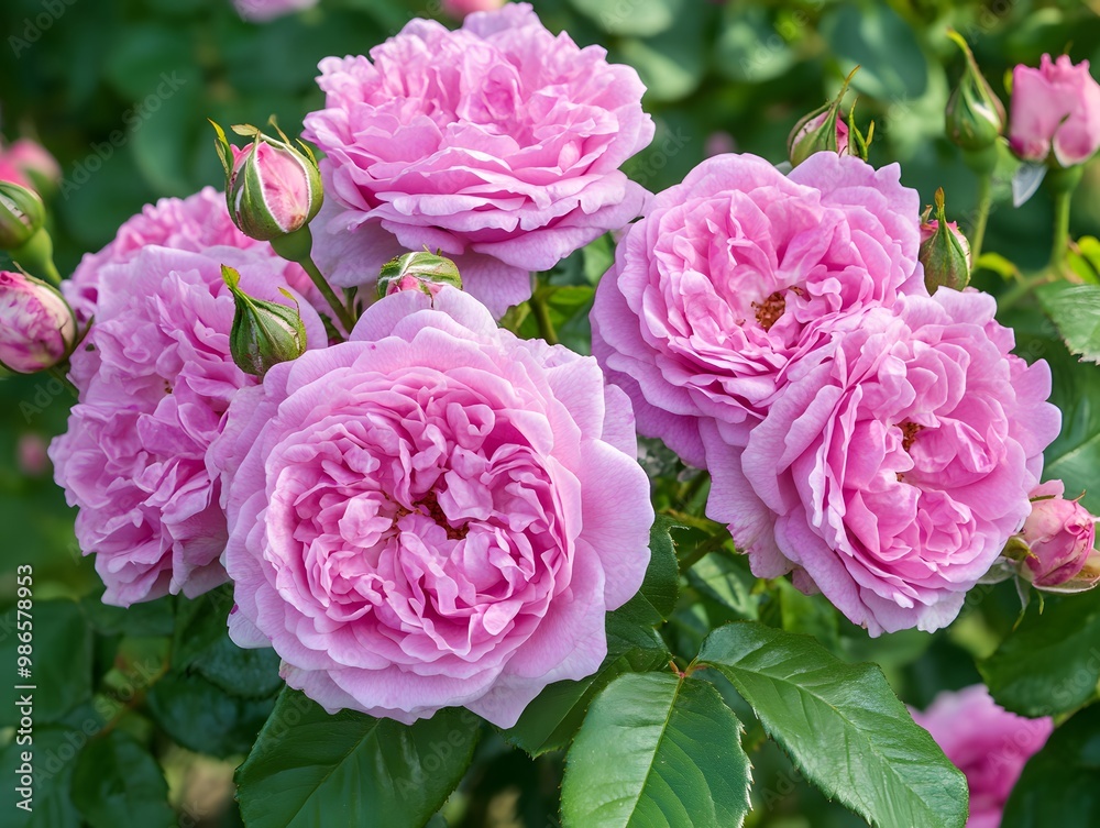 Close up view of pink Rosa damascena shrub plant Close up view of pink Rosa damascena shrub plant