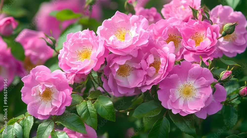 Close up view of pink Rosa damascena shrub plant Close up view of pink Rosa damascena shrub plant