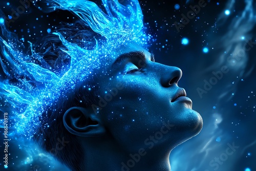 Morpheus with a crown of blue stardust, the midnight sky swirling behind him as he drifts between realms