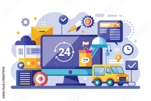 A vibrant semi-flat illustration highlighting digital marketing, delivery services, and online engagement, 24/7 customizable semi-flat illustration service.