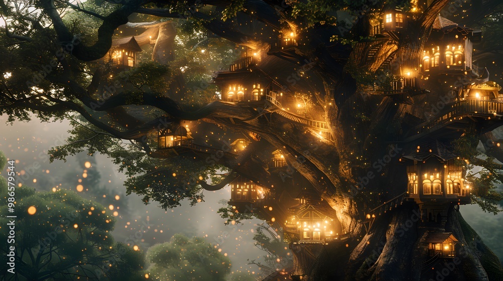 Fairy city in the branches of a giant tree Fairy city in the branches of a giant tree