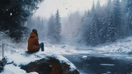 A woman sits on a rock in the snowy forest, taking a break from her walk. photo