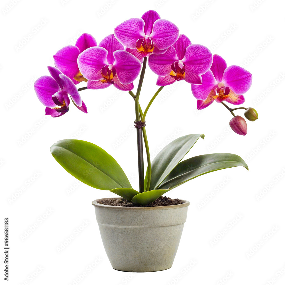 A potted orchid with vibrant pink blooms and lush green leaves. The flowers stand out with their striking color and delicate texture. Transparent background A potted orchid with vibrant pink blooms and lush green leaves. The flowers stand out with their striking color and delicate texture. Transparent background