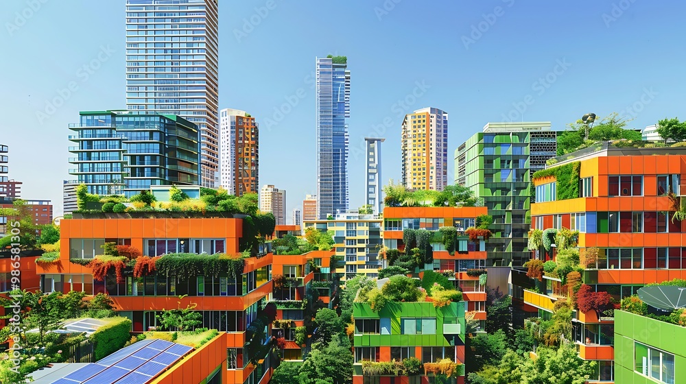 Fototapeta premium Modern Green Cityscape: Sustainable Architecture with Rooftop Gardens