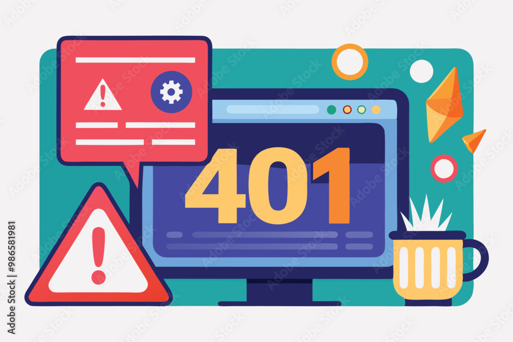 A computer screen displays a 401 unauthorized error with warning symbols in a colorful design, 401 error unauthorized illustration A computer screen displays a 401 unauthorized error with warning symbols in a colorful design, 401 error unauthorized illustration