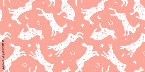 Seamless pattern with silhouettes of hares on a background of stars. Vector graphics.