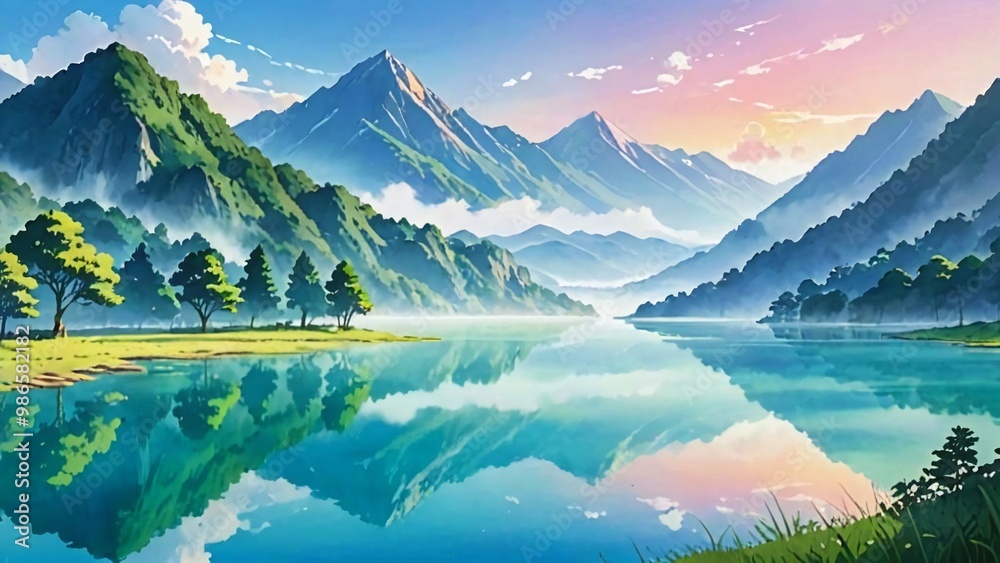 The peaceful lakes and foggy mountains depicted in an artwork with delicate watercolor brushstrokes and delicate color gradients. The peaceful lakes and foggy mountains depicted in an artwork with delicate watercolor brushstrokes and delicate color gradients.