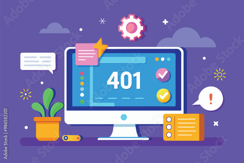 A colorful error page design concept showing a computer with error code 401 and visual indicators of issues, 404 error page with flat illustration