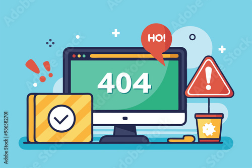 A cheerful 404 error notification appears on a monitor alongside attention-grabbing icons and alerts, 404 error, simple illustration