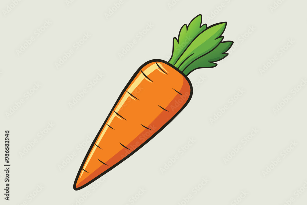 A detailed carrot illustration features a vibrant orange body and fresh green leaves, showcasing light shading, A basic carrot drawing with light shading, flat illustration.