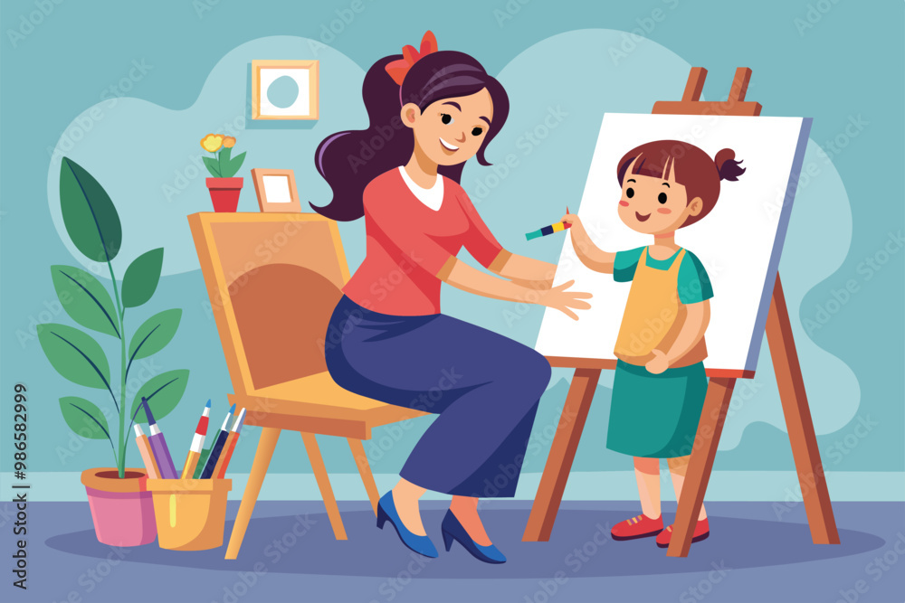 A mother guides her child in painting on an easel while surrounded by colorful art supplies, A beautiful illustration of a mother and child painting together at an easel. A mother guides her child in painting on an easel while surrounded by colorful art supplies, A beautiful illustration of a mother and child painting together at an easel.