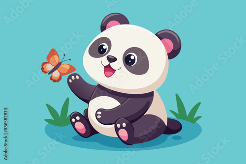 A playful baby panda happily interacts with a fluttering butterfly in a vibrant flat environment, A baby panda playing with a butterfly in a flat illustration.