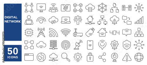Set of 50 line icons related to digital network, technology, broadband, connection, communication, cloud, internet, server, wireless, router, networking, hosting, Editable stroke. Vector illustration