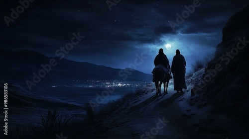 pregnant mary and joseph, on their way to bethlehem at night