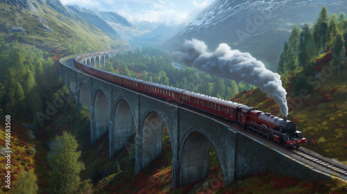 Wallpaper Mural the train moving across an aged bridge, surrounded by lush forests and towering mountains in the background. Torontodigital.ca