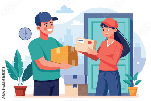 A courier hands a package to a buyer at their doorstep while surrounded by city buildings, A courier delivers a package to a buyer.