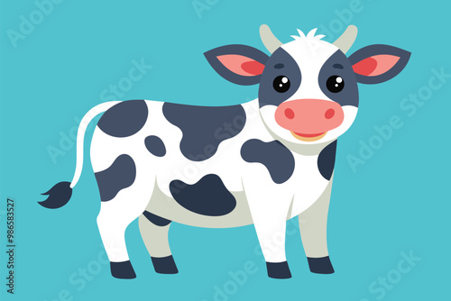 The adorable cow stands cheerfully against a playful blue backdrop, showcasing its friendly demeanor, A cute and whimsical flat illustration of a dairy cow, with delicate lines.