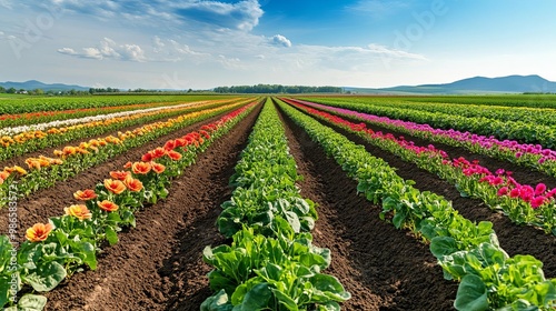 Fertile soil supporting diverse flower crops in an agricultural landscape