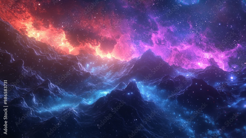 Ethereal Celestial Landscape with Dark Cliffs and Vibrant Energy Flowing - 3D Visualization of Mesmerizing Shadows Ethereal Celestial Landscape with Dark Cliffs and Vibrant Energy Flowing - 3D Visualization of Mesmerizing Shadows