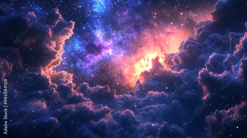 Twilight Realm: Celestial Harmony in 3D Render with Dark Clouds and Radiant Stars Twilight Realm: Celestial Harmony in 3D Render with Dark Clouds and Radiant Stars