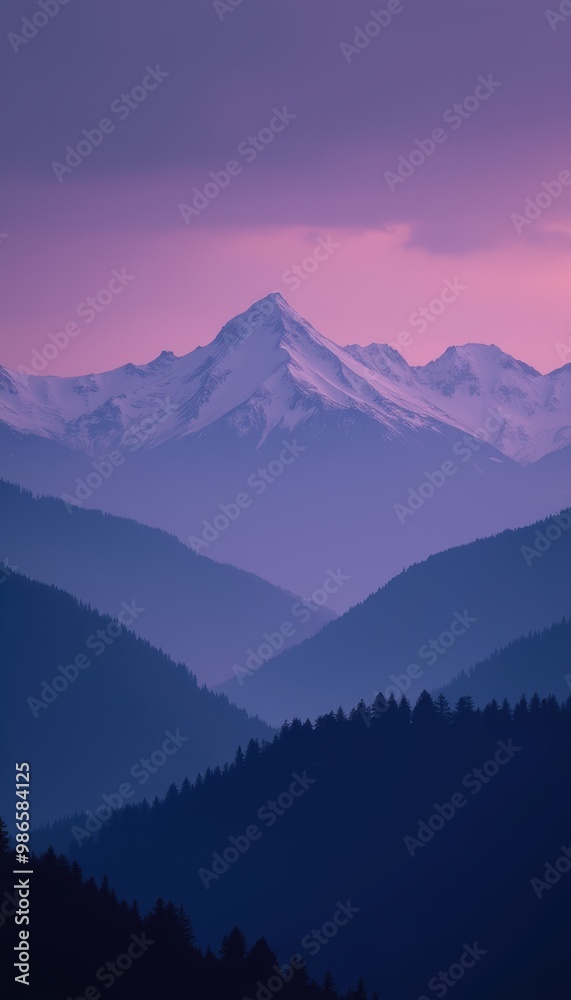 Serene mountain landscape at dusk, showcasing a stunning gradient of purple hues and snow-capped peaks, perfect for travel, nature, and wellness themes. Serene mountain landscape at dusk, showcasing a stunning gradient of purple hues and snow-capped peaks, perfect for travel, nature, and wellness themes.