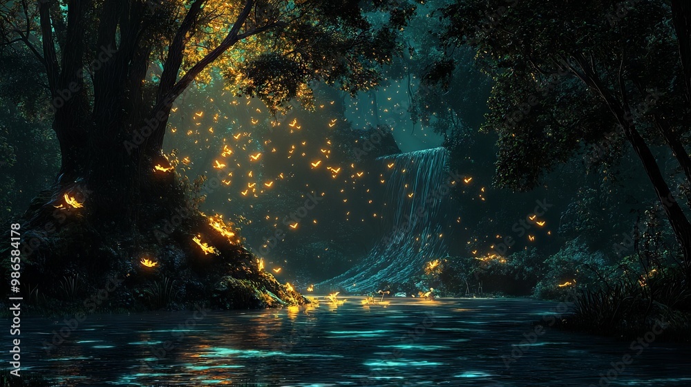 Enchanted Dark Fantasy Heaven with Tranquil River in 3D Rendering Enchanted Dark Fantasy Heaven with Tranquil River in 3D Rendering