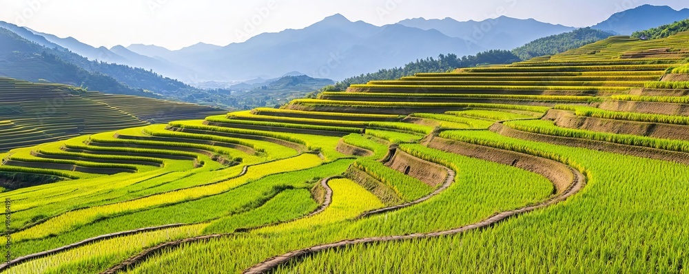 Fototapeta premium Fertile soil supporting rice paddies in Asian terraced farming landscapes