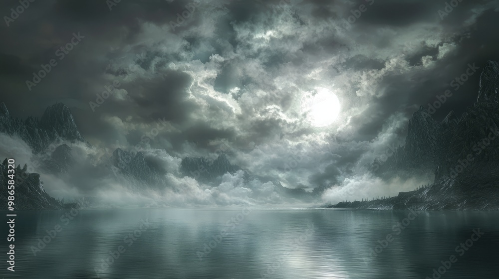 Fototapeta premium Ethereal Dark Fantasy Heaven in 3D with Serene Lake and Celestial Glow