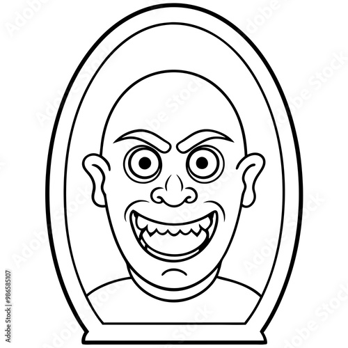 Monstrous Face Rising from a Mirror Line Art Vector Design