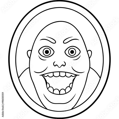 Monstrous Face Rising from a Mirror Line Art Vector Design