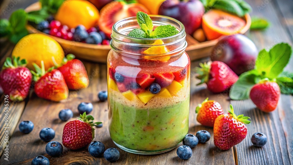 A healthy smoothie with colorful fruits in a glass jar A healthy smoothie with colorful fruits in a glass jar