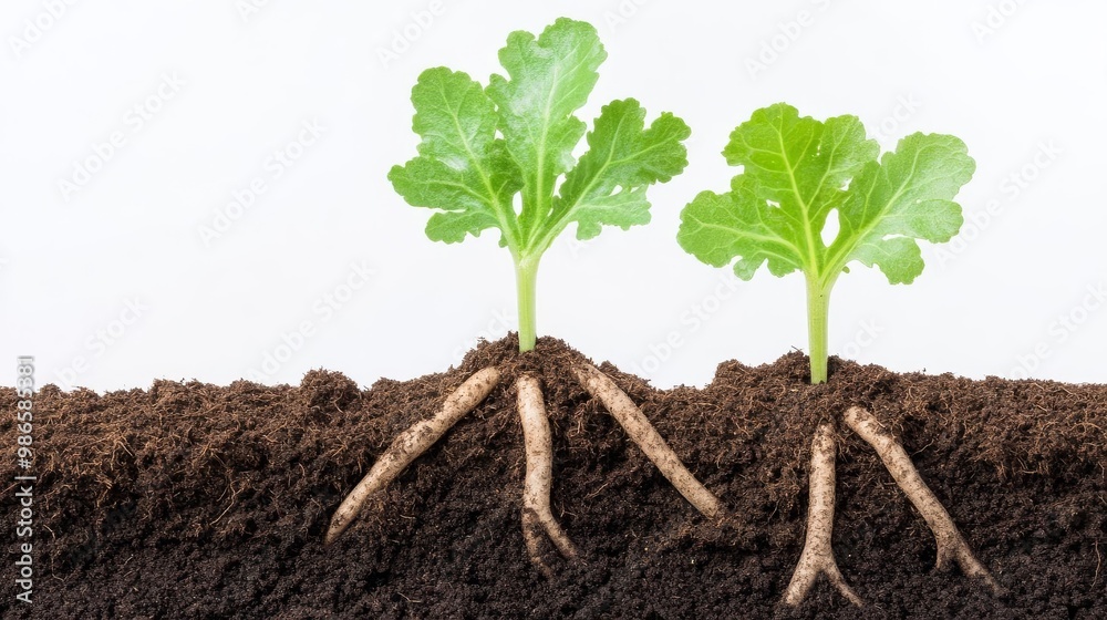 Healthy plant roots anchored in nutrient-dense soil, representing soil fertility Healthy plant roots anchored in nutrient-dense soil, representing soil fertility