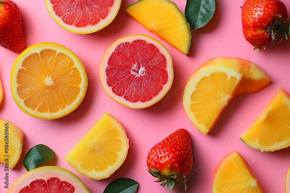 Fresh Sliced Fruit, Oranges, Grapefruit, and Strawberries on a Pink Background Fresh Sliced Fruit, Oranges, Grapefruit, and Strawberries on a Pink Background