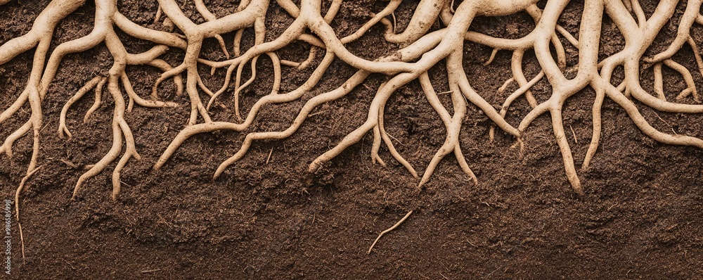 Plant roots intertwined in nutrient-dense soil, showcasing underground ecosystems Plant roots intertwined in nutrient-dense soil, showcasing underground ecosystems