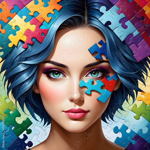 Experience the artistry of a high-resolution portrait made up of unique jigsaw puzzle pieces, perfectly harmonizing to form a detailed visage. photo