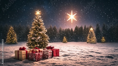 Christmas trees and gift boxes sit on a snowy field at night. A bright star and a forest are in the background, creating a wintery scene.