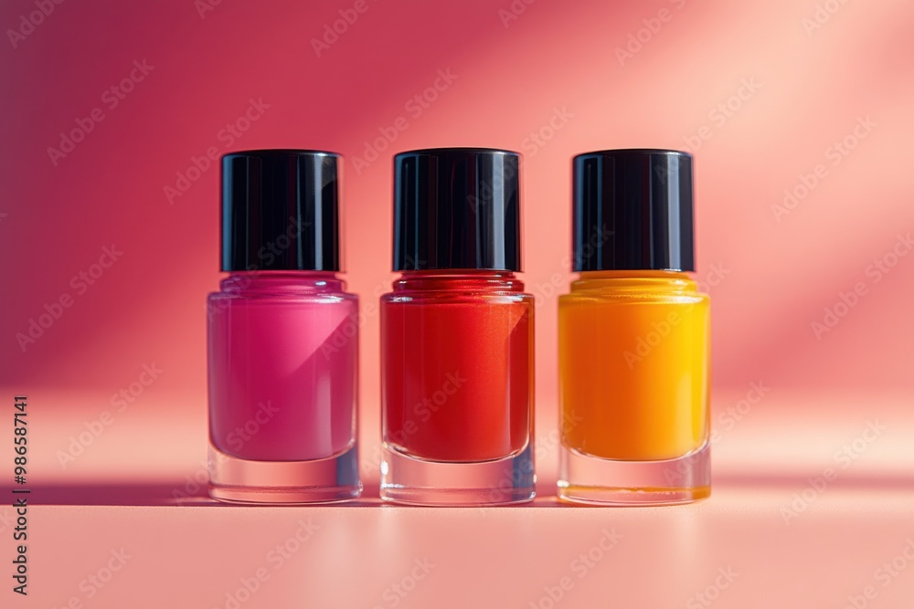 Different colored nail polish bottles sitting on a pink surface Different colored nail polish bottles sitting on a pink surface