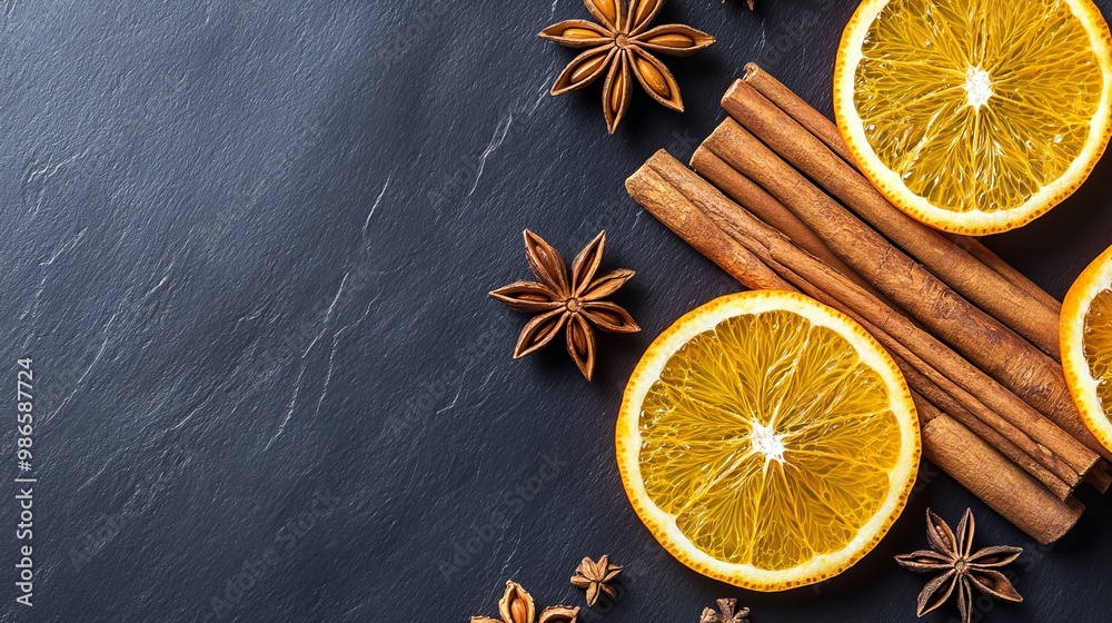 Cinnamon sticks, star anise, and orange slices are spread out on a dark background. These herbs are good for your health, skin, and body. Cinnamon sticks, star anise, and orange slices are spread out on a dark background. These herbs are good for your health, skin, and body.