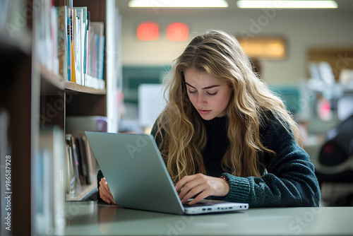 student working on laptop in library