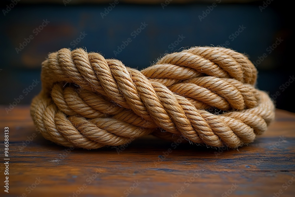 Close-up of a thick rope tied in a knot on a wooden surface Close-up of a thick rope tied in a knot on a wooden surface