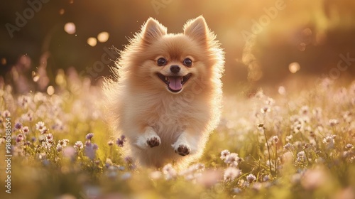 A cheerful Pomeranian happily runs through a colorful field filled with blooming wildflowers under the warm afternoon sun, exuding pure joy and energy