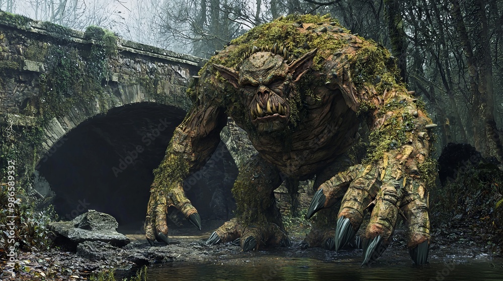 Malevolent Troll Creature Lurking Under Dilapidated Bridge in Dark Swamp - 3D Render with Moss-Covered Skin and Sharp Claws Malevolent Troll Creature Lurking Under Dilapidated Bridge in Dark Swamp - 3D Render with Moss-Covered Skin and Sharp Claws