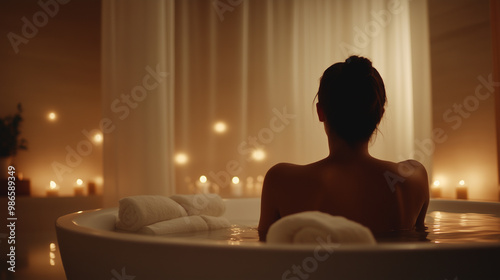 A serene scene of a woman relaxing in a bathtub surrounded by soft candlelight. The warm glow of the candles reflects off the water, creating a tranquil and soothing atmosphere perfect for unwinding.