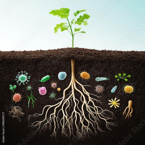 Soil microorganisms interacting with plant roots, emphasizing symbiotic relationships